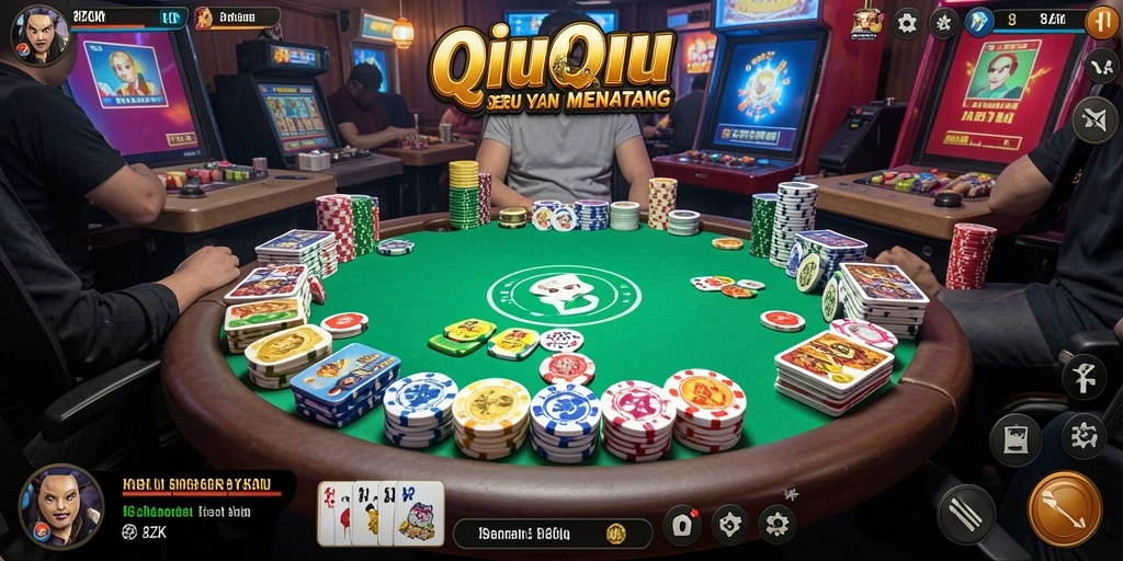 Screenshot gameplay QiuQiu di 8ZK, menampilkan kartu dan momen seru.