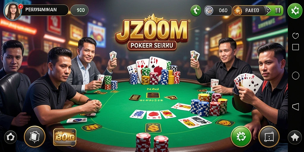 Screenshot J200M menampilkan gameplay Poker yang mengasyikkan dengan desain grafis yang menarik.