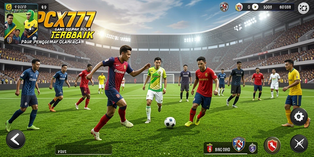 Screenshot utama gameplay PCX777 yang menampilkan duel di lapangan sepak bola.