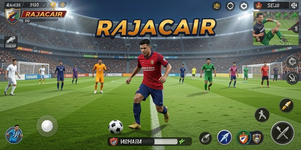 Tampilan gameplay <strong>RAJACAIR</strong> yang menegangkan saat pertandingan sepak bola.