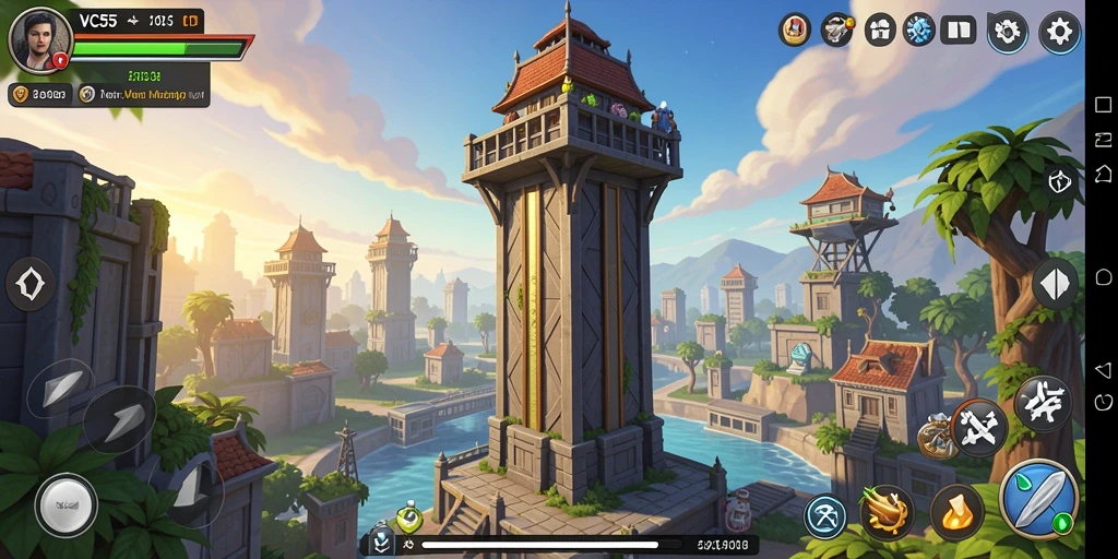 Screenshot gameplay VC55 menampilkan berbagai menara dan musuh yang beragam.